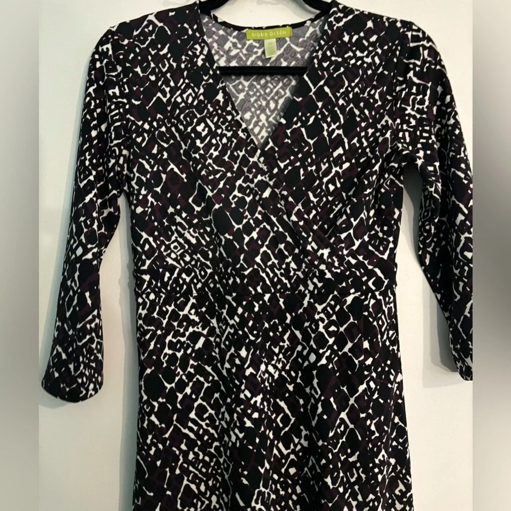 Sigrid Olsen Womens XS Faux Wrap Dress Black‎ White Burgundy Geometric Print